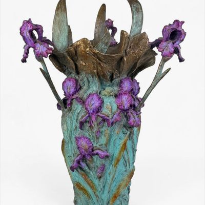 William Ravencroft Sharles Hand-Painted "Fallen Iris Bouquet Vase" Bronze