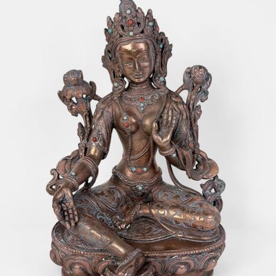 Tibetan Copper, Coral, & Turquoise "Green Tara" Figure