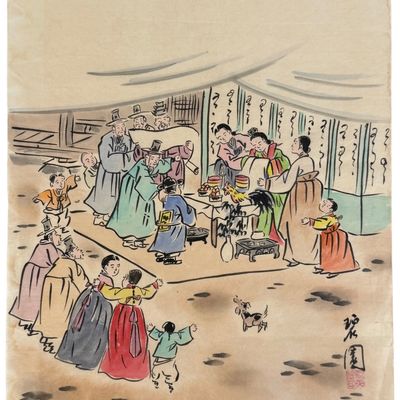 Vintage Korean Watercolor & Ink on Rice Paper