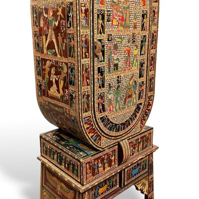 Small Egyptian Themed Inlaid & Painted Cabinet