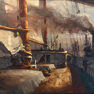 John Alexander Noble "East River" Oil on Canvas