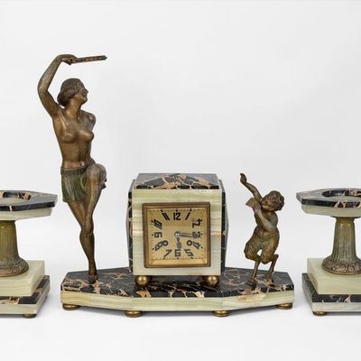 Antique French Art Deco Figural Clock & Candlesticks