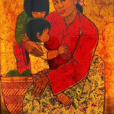 Chuah Thean Teng 'Mother and Children' Batik Dye on Cloth