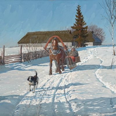 Andrei Afanasievich Egorov 'Horse Drawn Sleigh in Snow' Gouache on Paper