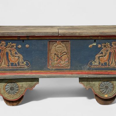 Antique Egyptian Wooden Chest on Wheels