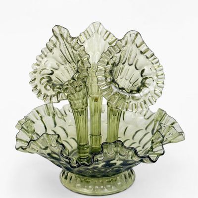 Sale Photo Thumbnail #189: Fenton Colonial Green Thumbprint 3-Horn Epergne