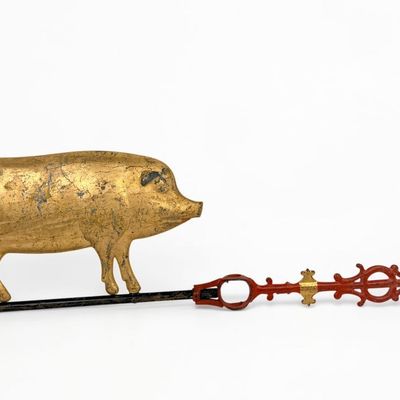 Sale Photo Thumbnail #124: Antique Gold Painted Cast Iron Pig Weathervane