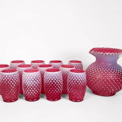 Sale Photo Thumbnail #192: Pink Fenton Glass Pitcher Hobnail Set