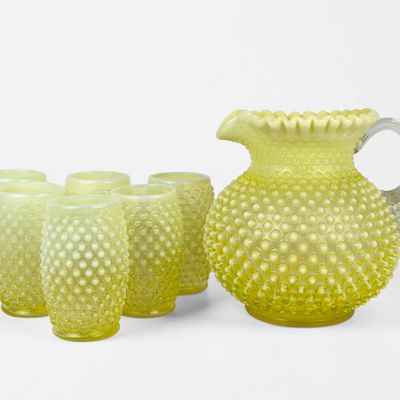 Sale Photo Thumbnail #195: (7pcs) Uranium Glass Fenton Pitcher and Glass Set (B)