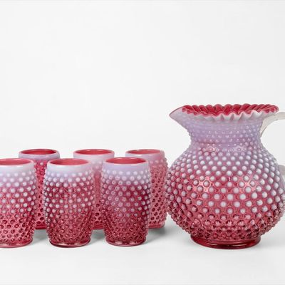 Sale Photo Thumbnail #190: (7pc) Pink Fenton Pitcher and Glass Set