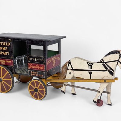 Sale Photo Thumbnail #145: Vintage Sheffield Farms Co. Wooden Dairy Toy Wagon