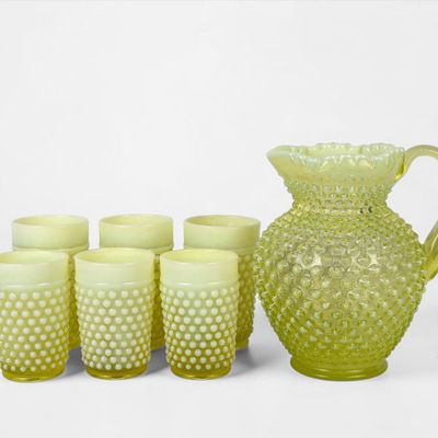 Sale Photo Thumbnail #194: (7pc) Uranium Glass Fenton Pitcher and Glass Set (A)