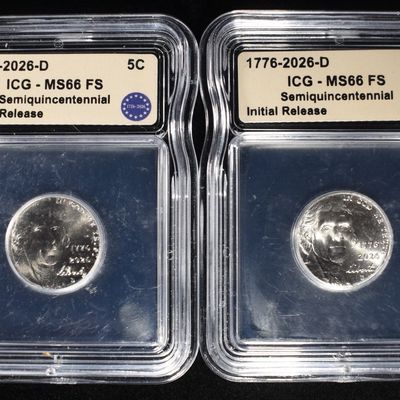 Sale Photo Thumbnail #357: (2) 1776-2026-D JEFFERSON NICKELS ICG MS66FS