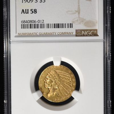Sale Photo Thumbnail #447: 1909-S $5 GOLD INDIAN NGC AU-58