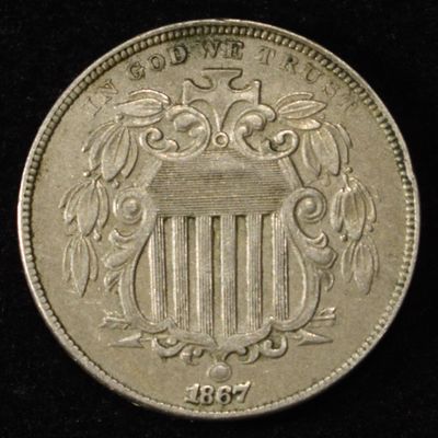 1867 RAYS SHIELD NICKEL XF