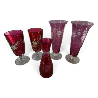 Sale Photo Thumbnail #138: Five Cranberry and Amethyst Glass Vases
