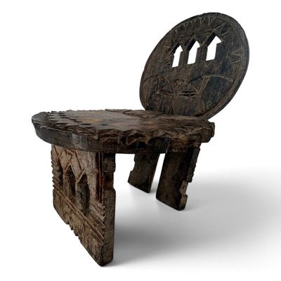 Ethiopian-Style Carved Wood Low Chair