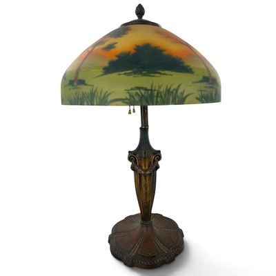 Sale Photo Thumbnail #124: Art Deco Reverse-Painted Lake Scene Lamp