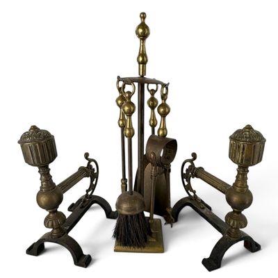 Brass Andirons and Fireplace Tool Set