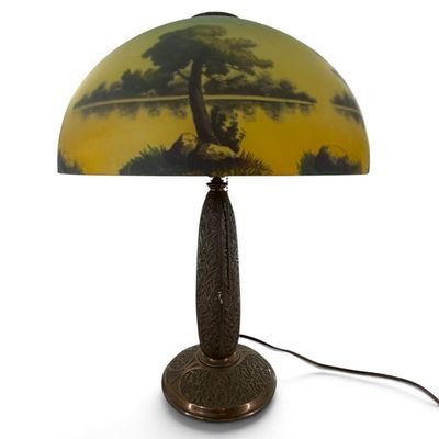 Reverse-Painted Scenic Glass Table Lamp
