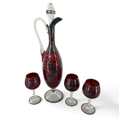 Cranberry Glass Silver-Overlay Decanter Set