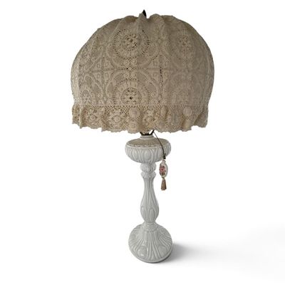 Sale Photo Thumbnail #166: Vintage White Porcelain Lamp with Lace Shade
