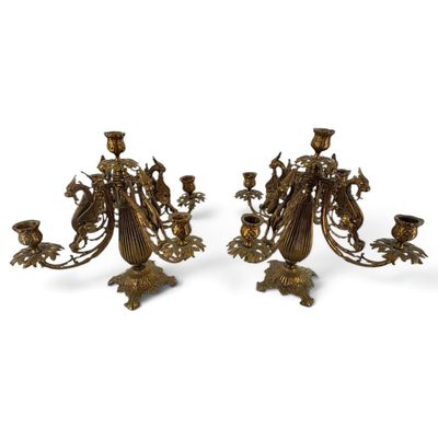 Pair Brass Dragon Five-Light Candelabra
