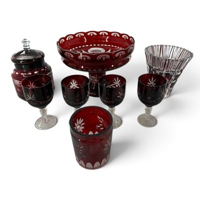 Sale Photo Thumbnail #136: Eight-Piece Cranberry Glass Group