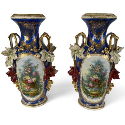 Sale Photo Thumbnail #198: Pair Old Paris Cobalt Floral Porcelain Vases