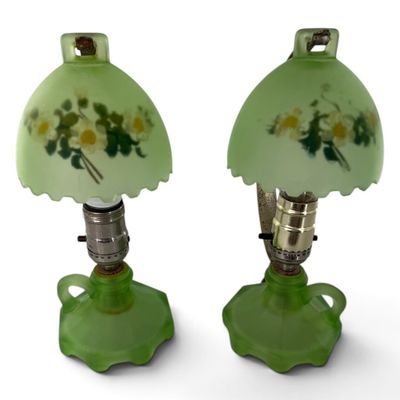 Sale Photo Thumbnail #145: Pair Art Deco Green Glass Boudoir Lamps