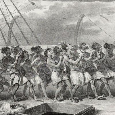 Dumont D'Urville, New Zealand - Natives Performing Dance on Astrolabe at Tolaga Bay [Baie Huoa-Houa, Naturels executatnt une danse a...