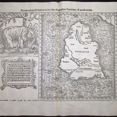 Munster, pub. 1574 - Map of Taprobana, Island in Sumatra, with inset of Elephant