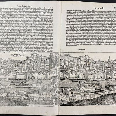 Schedel, pub. 1493 - View of Regensburg, Germany / Verso: Partial View of Vienna, Austria and Religious & Historic Figures