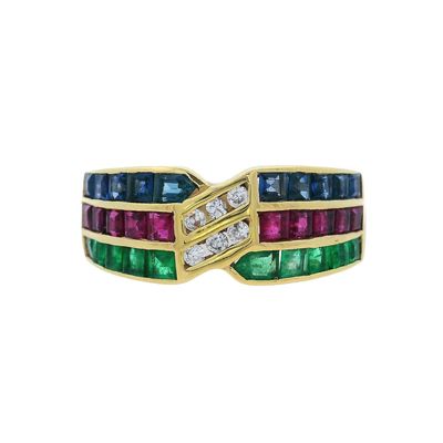 14K Yellow Gold Ring with Emeralds, Rubies & Sapphires
