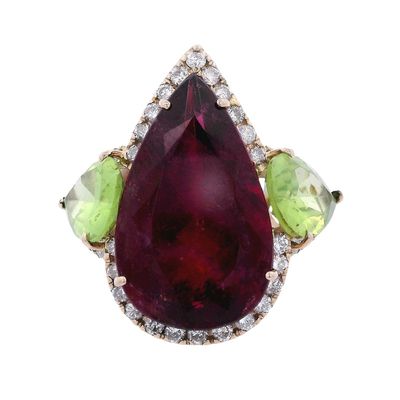 Sale Photo Thumbnail #450: 18kt yellow Gold Cocktail Ring with Red Tourmaline, Peridots & Diamonds