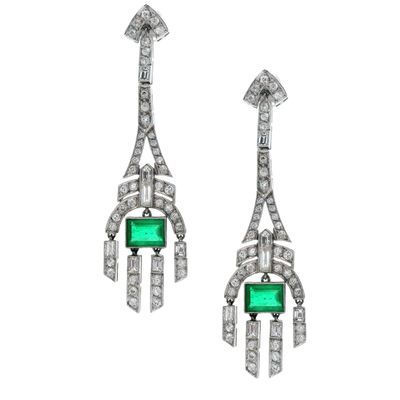 Sale Photo Thumbnail #288: Art Deco Style Platinum Drop Earrings with 4.60 CTW in Emeralds & Diamonds