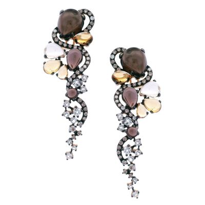 14kt yellow Gold Earrings with Diamonds, Smoky Topaz & Citrines