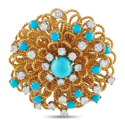 Sale Photo Thumbnail #285: Vintage 18K Yellow Gold 1.58ct Diamond and Turquoise Brooch