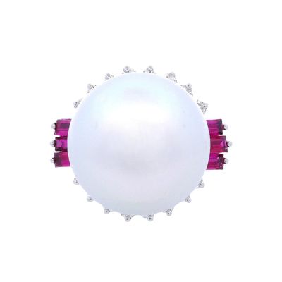 Sale Photo Thumbnail #418: 18kt white Gold Cocktail Ring with Pearl, Diamonds & Rubies