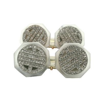 French Art Deco 18K Yellow Gold Cufflinks with Rock Crystal & Diamonds