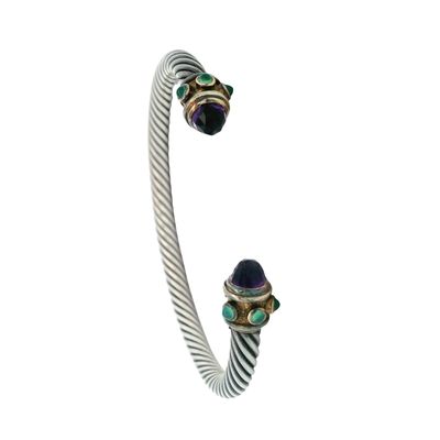 Sale Photo Thumbnail #167: David Yurman Sterling Silver & 14K Yellow Gold Cuff Bracelet with Amethyst & Green Onyx