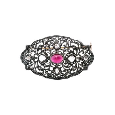 Sale Photo Thumbnail #440: Edwardian 14kt Gold and Silver Brooch with Diamonds and Garnet