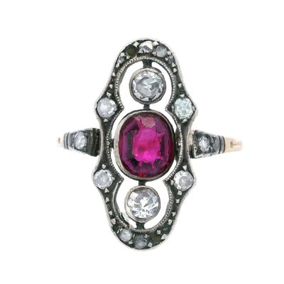 Sale Photo Thumbnail #256: Antique Filigree 18K Yellow Gold & Silver Ring with 0.65 CTW in Ruby & Diamonds