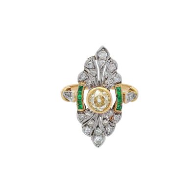 Antique 18K Yellow Gold & Platinum Ring with 0.80 CTW in Diamonds & Emeralds