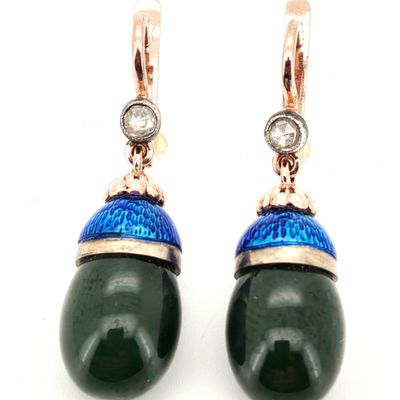 Sale Photo Thumbnail #159: Vintage Russian Imperial Art Deco Era 14K Rose Gold Earrings with Nephrite, Enamel & Diamonds