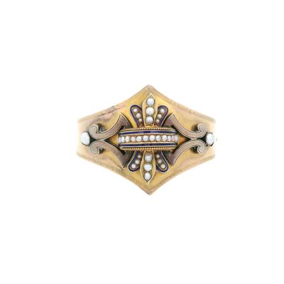 Sale Photo Thumbnail #212: Victorian 18K Yellow Gold Wide Bangle Bracelet with Seed Pearls & Blue Enamel