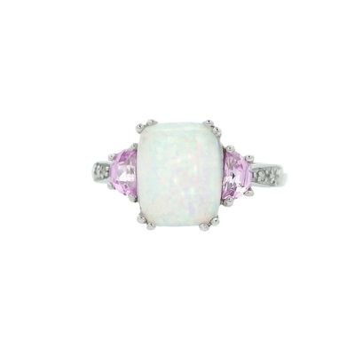 10K White Gold Ring with Opal Doublet, Pink Sapphires & Diamonds