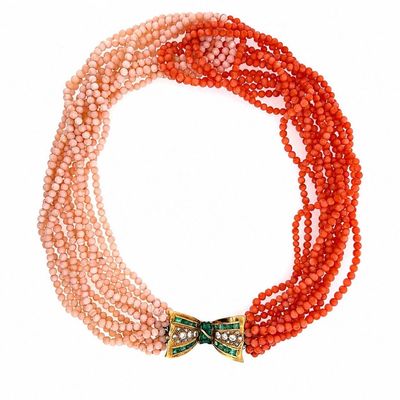 Sale Photo Thumbnail #327: 18K Yellow Gold Coral Bead Necklace with 5.40 CTW in Diamonds & Emeralds