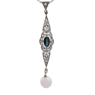 Sale Photo Thumbnail #396: 18K Yellow Gold & Platinum Necklace with Sapphire & Diamond, and Natural Pearl