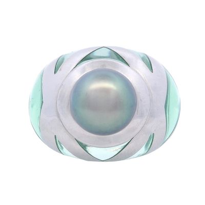 Angelique de Paris Rare Prototype 18K White Gold, Green Resin & Tahitian Pearl Ring.